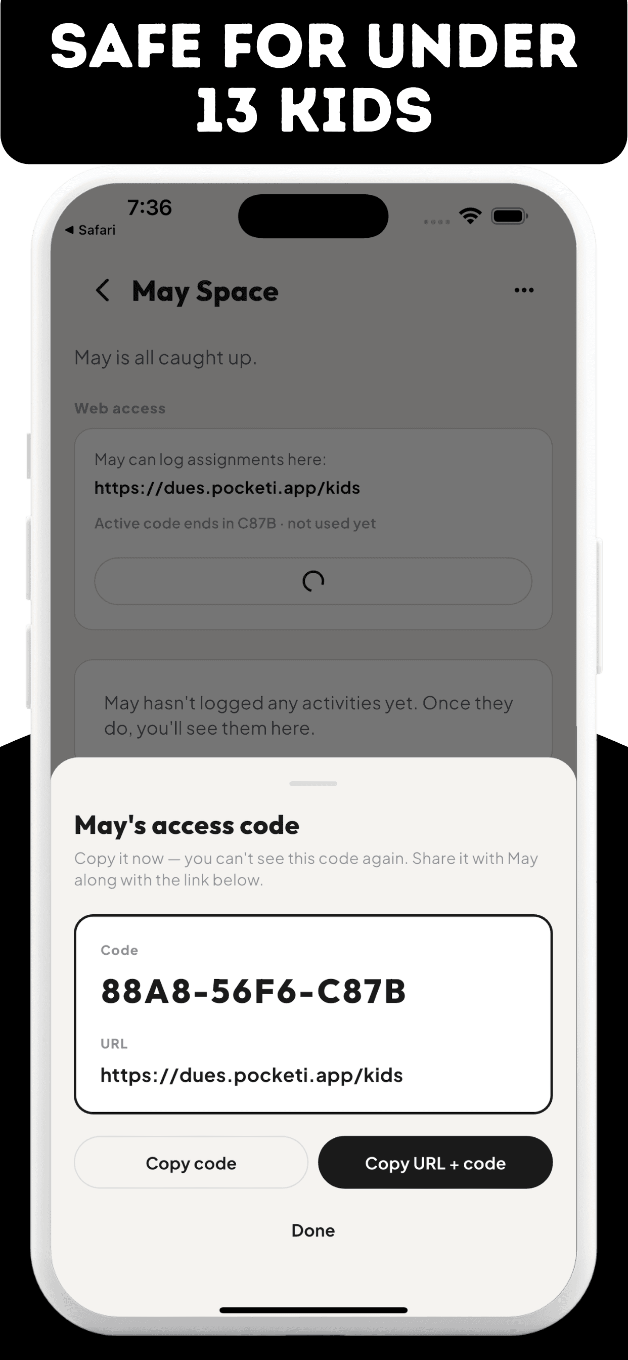 Access-code modal used to onboard kids under 13 without an email