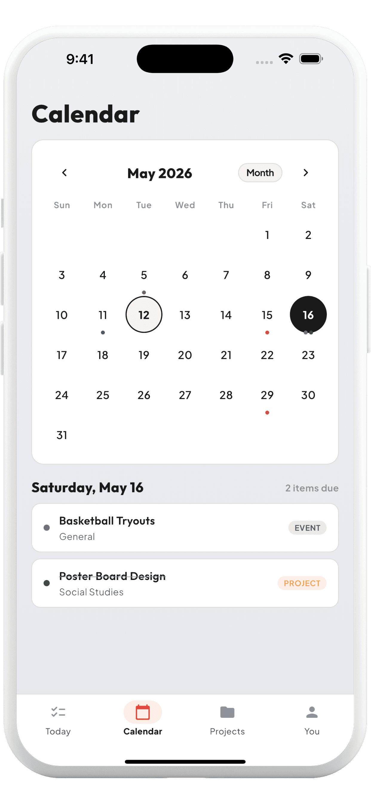 Month-view calendar with assignments marked