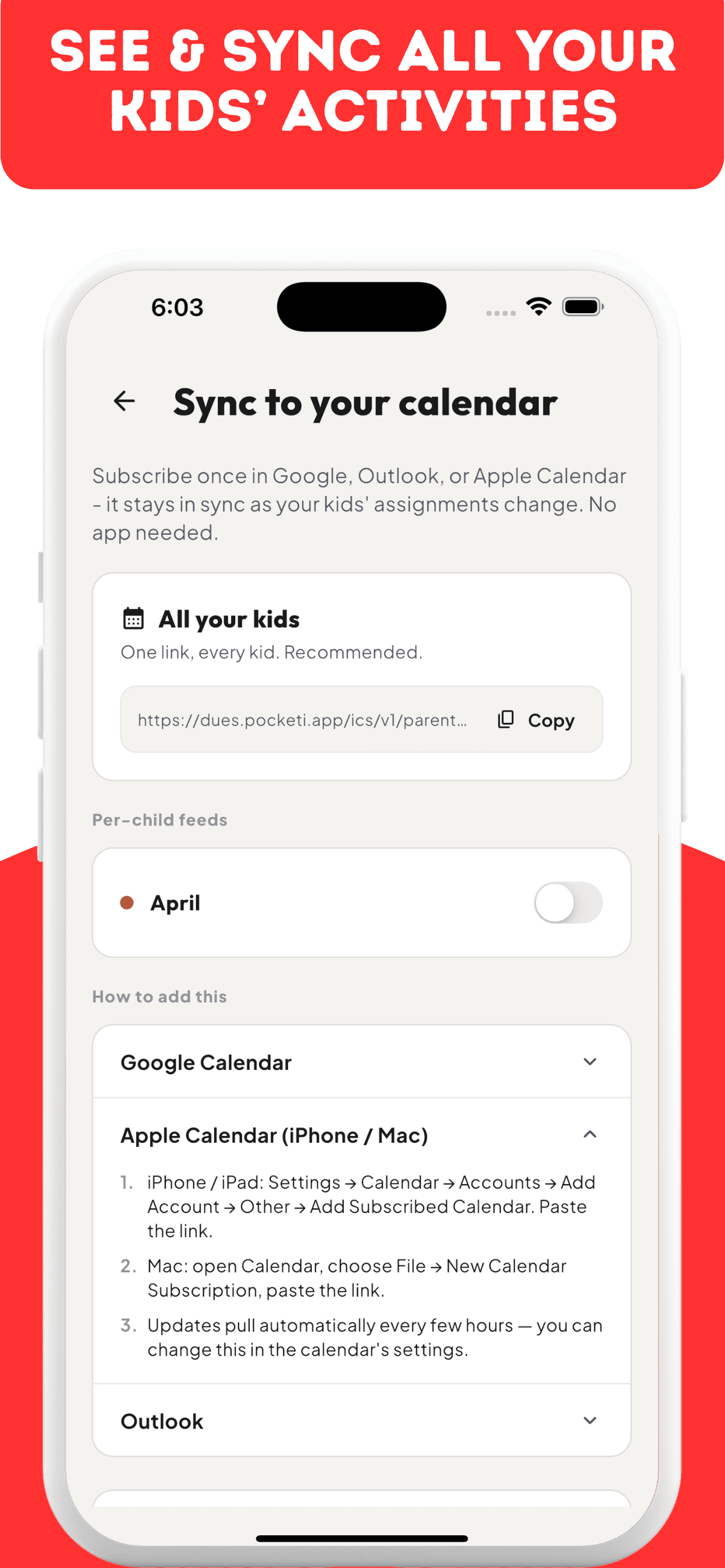 Calendar subscription URL for syncing to Google, Outlook, or Apple Calendar