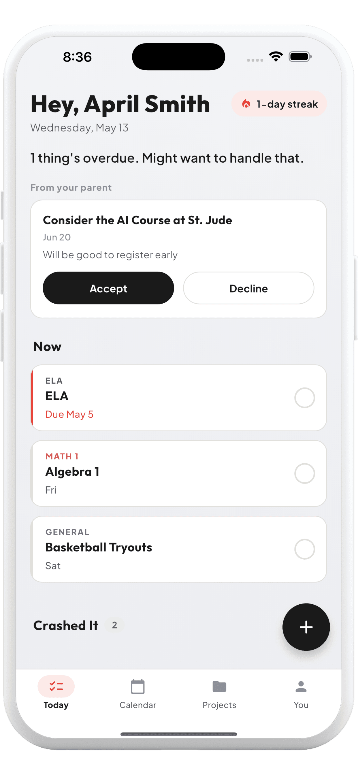 Dues Today screen showing a student's upcoming assignments